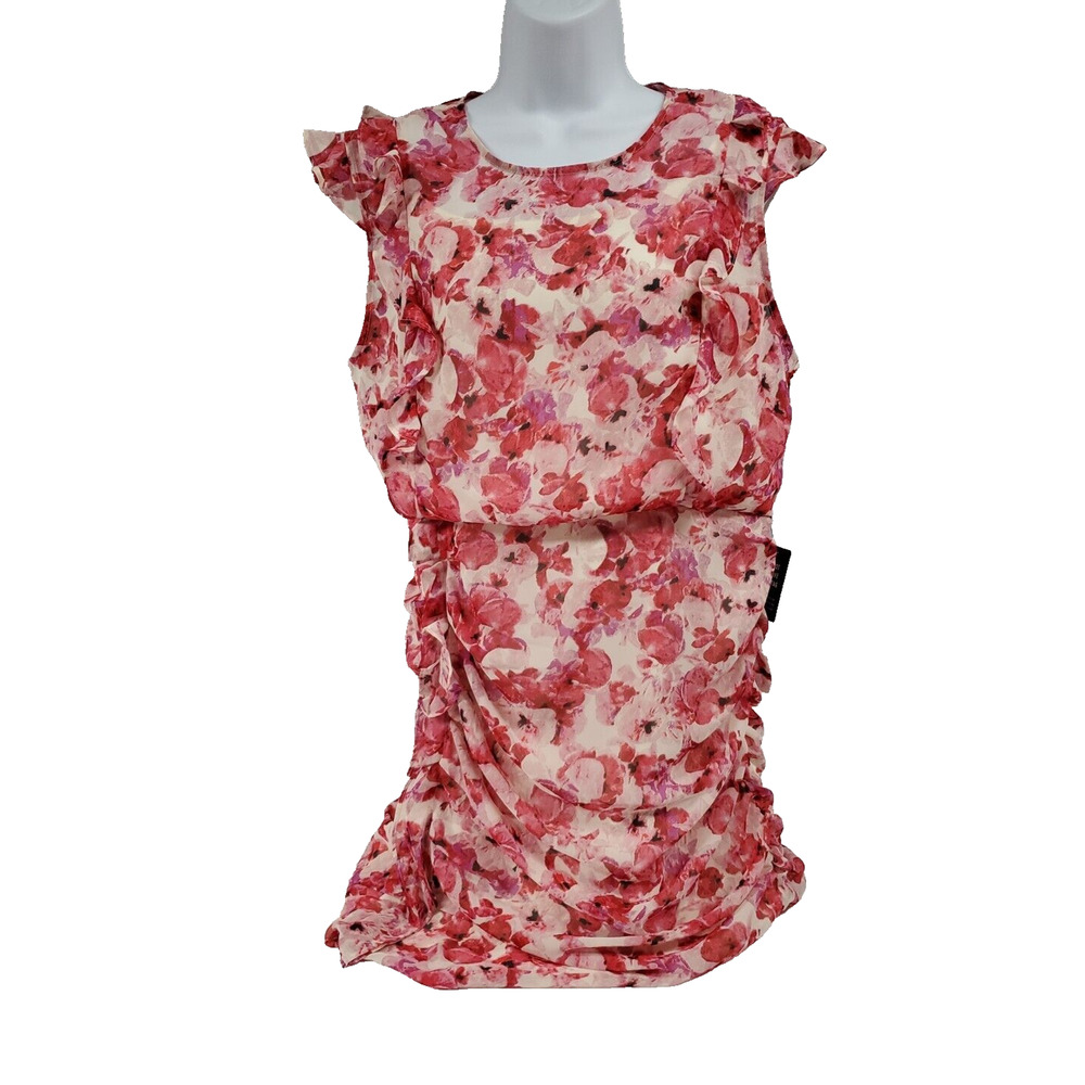 EXPRESS Womens Sheath Dress Pink Cream Floral Lined Chiffon Ruched Size L New